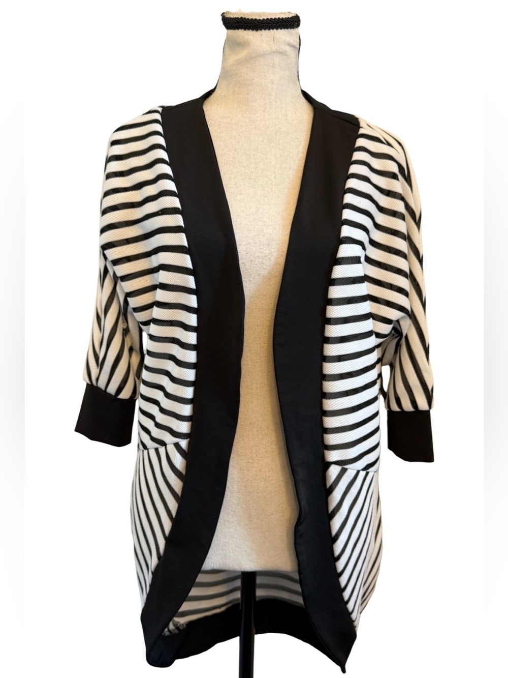 Top Chic Black White Striped Open Front Cardigan Blazer 3/4 Sleeve Small